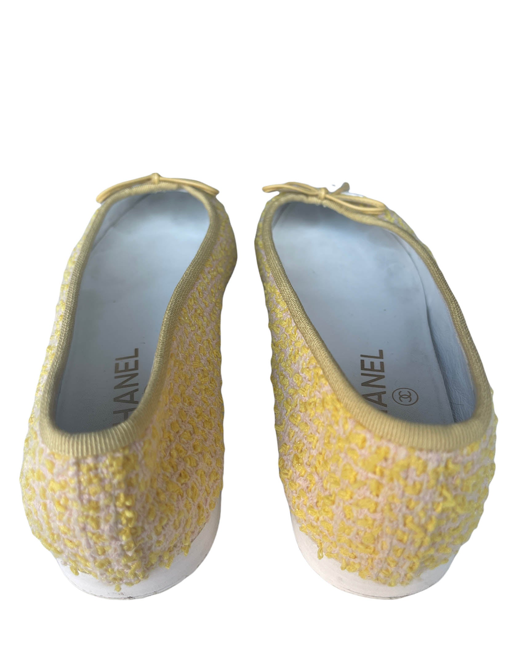 Chanel 2021 Yellow Tweed/ White Patent CC Ballerina Flats sz 39