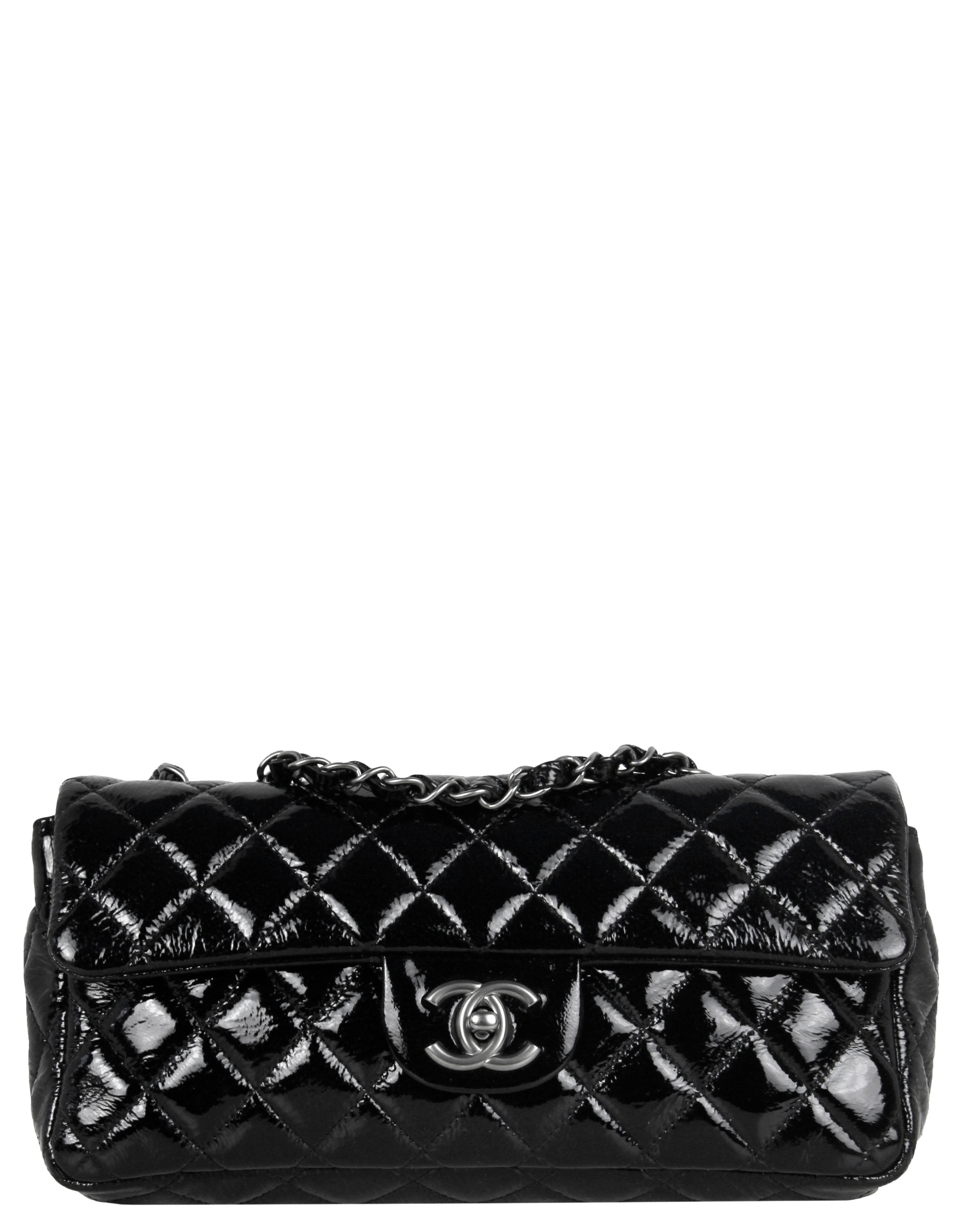 Chanel Black Distressed Patent Quilted East West Flap Bag