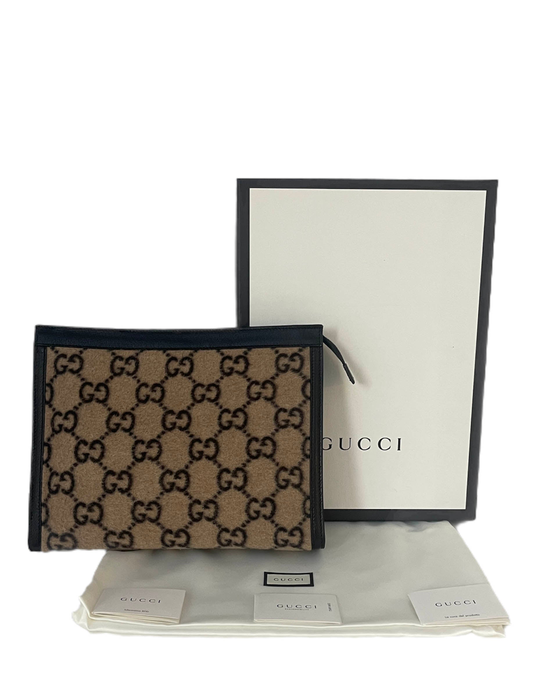 Gucci Beige and Black Wool Monogram Zip Top Pouch Bag
