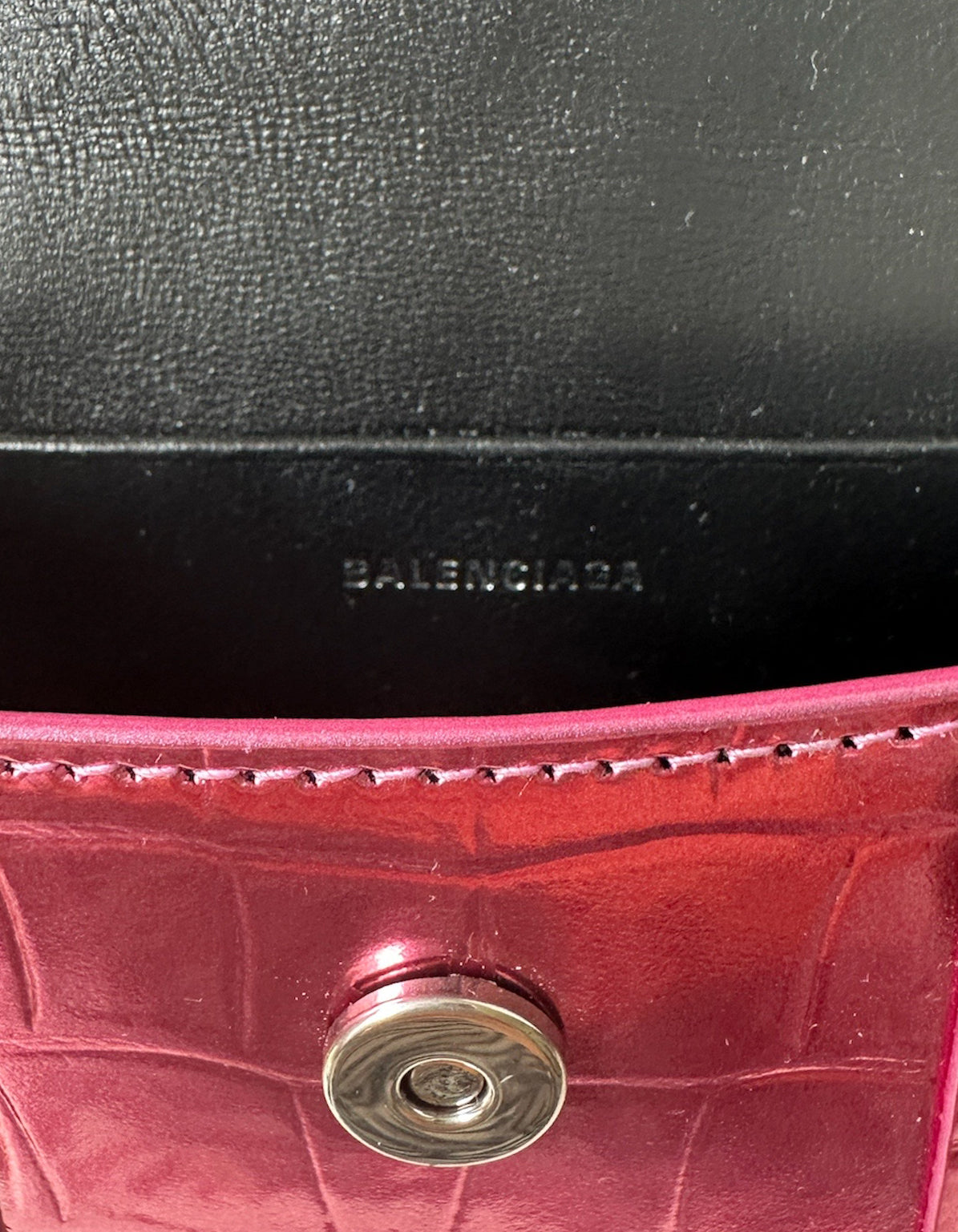Balenciaga Metallic Pink Embossed Crocodile Hourglass Mini Top Handle Bag