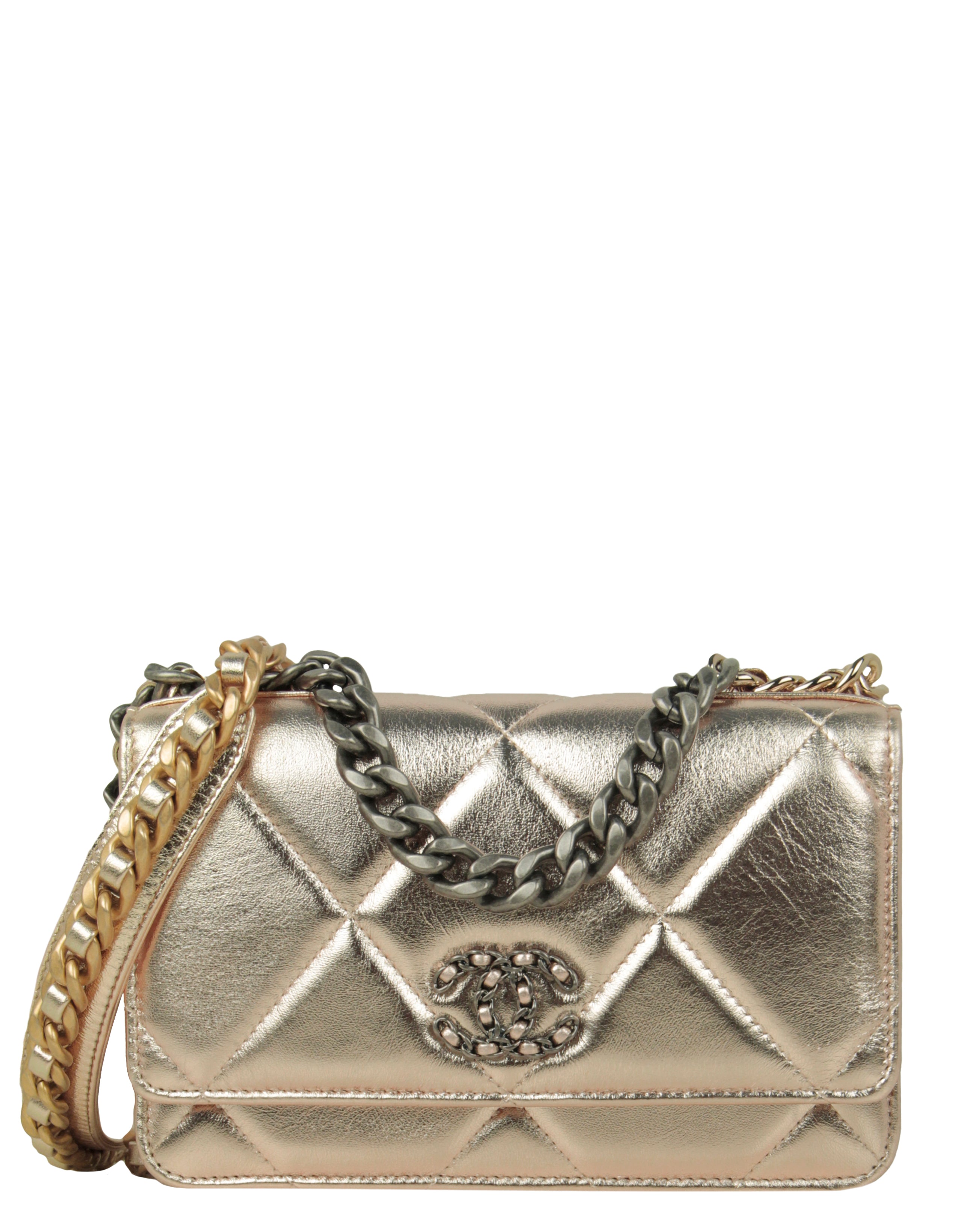 Chanel 2022 Gold Quilted 19 Wallet On Chain WOC Crossbody Bag