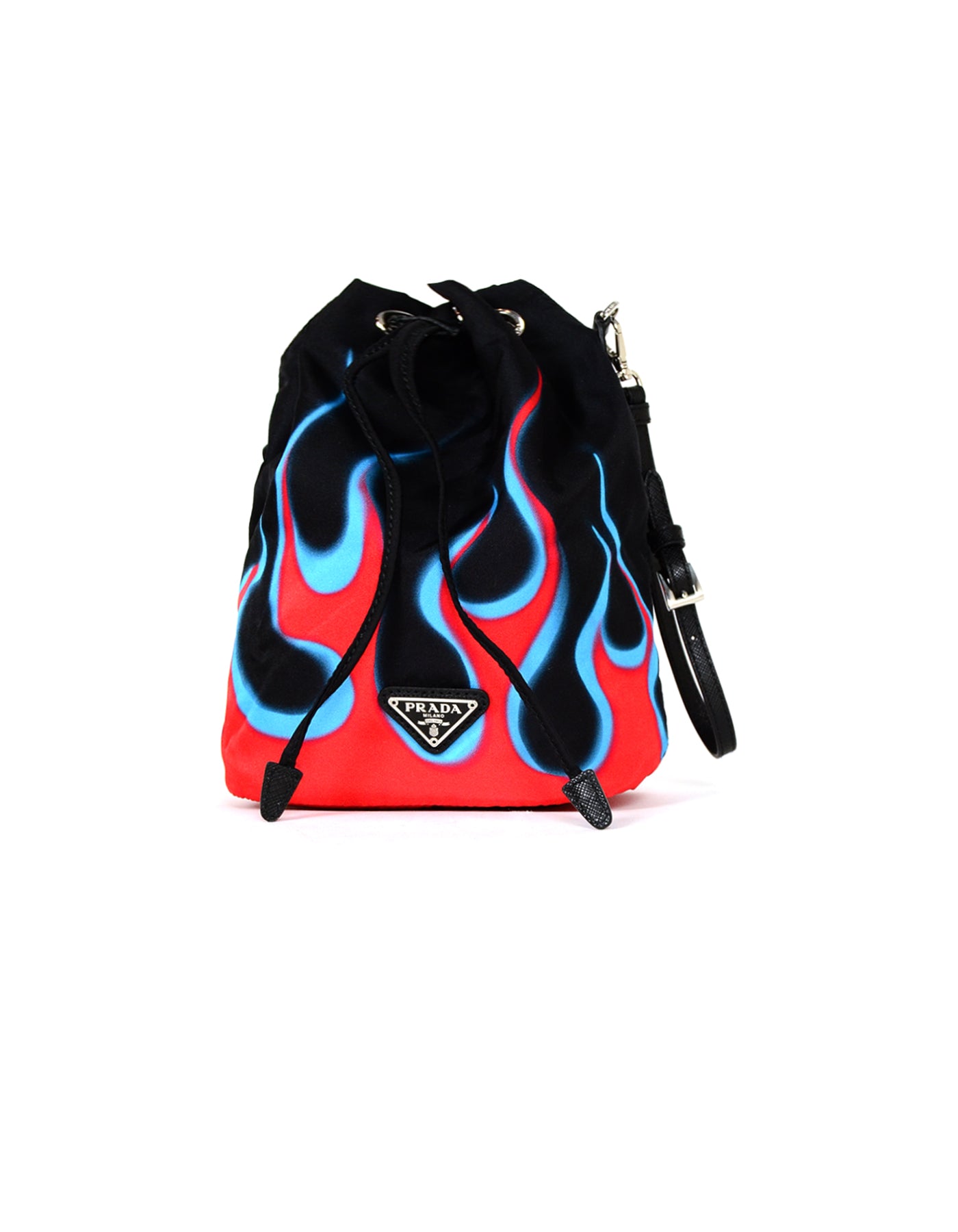 Prada 2019 Black Nylon Flame Print Wristlet Bucket Pouch Bag