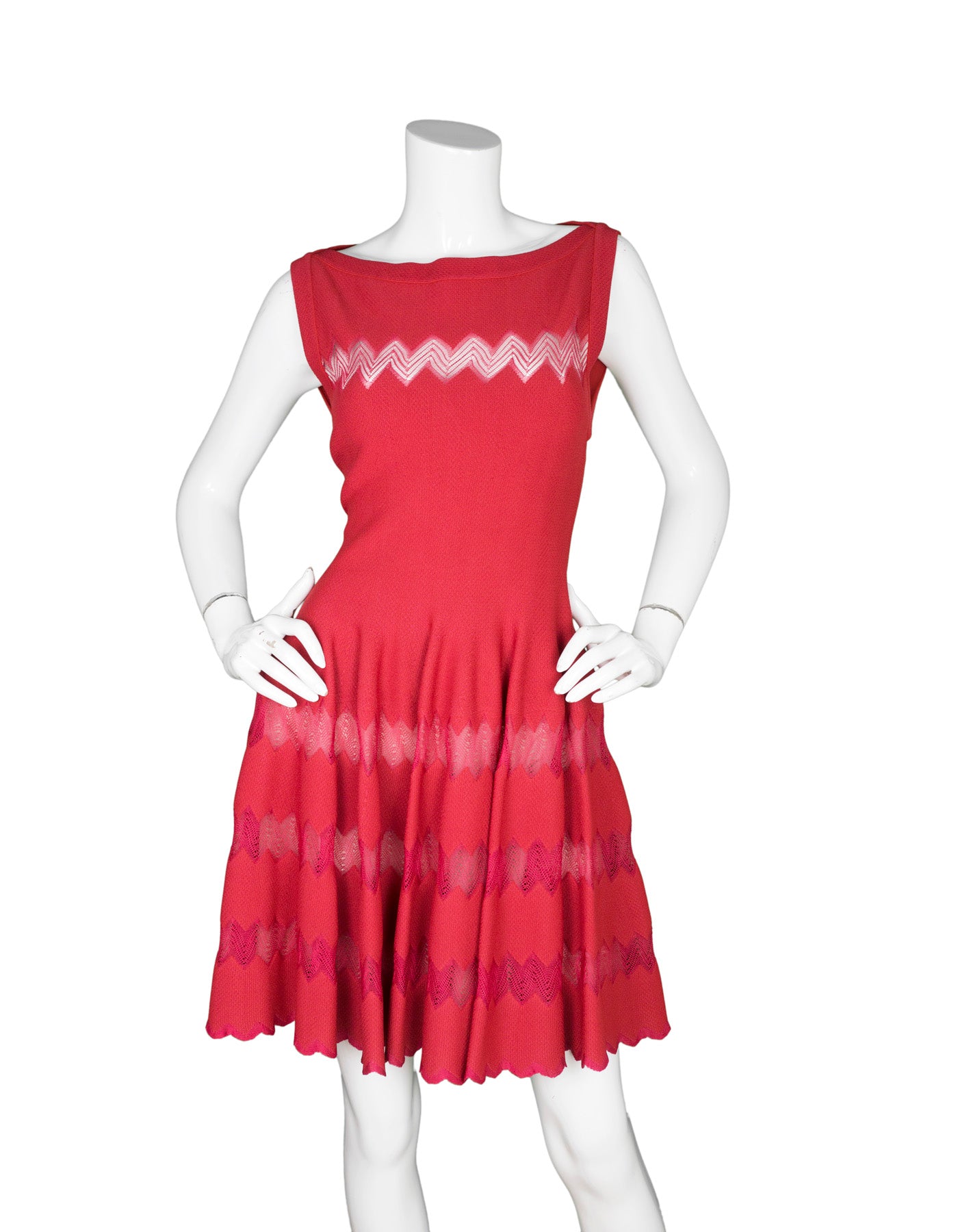 Alaia Red Fit Flare Sleeveless Zig Zag Mesh Dress sz FR 44