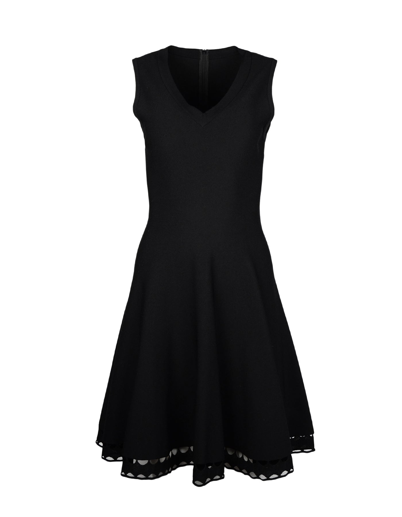 Alaia Black Fit & Flare V Neck Sleeveless Dress W/ Crochet Hem Sz FR42