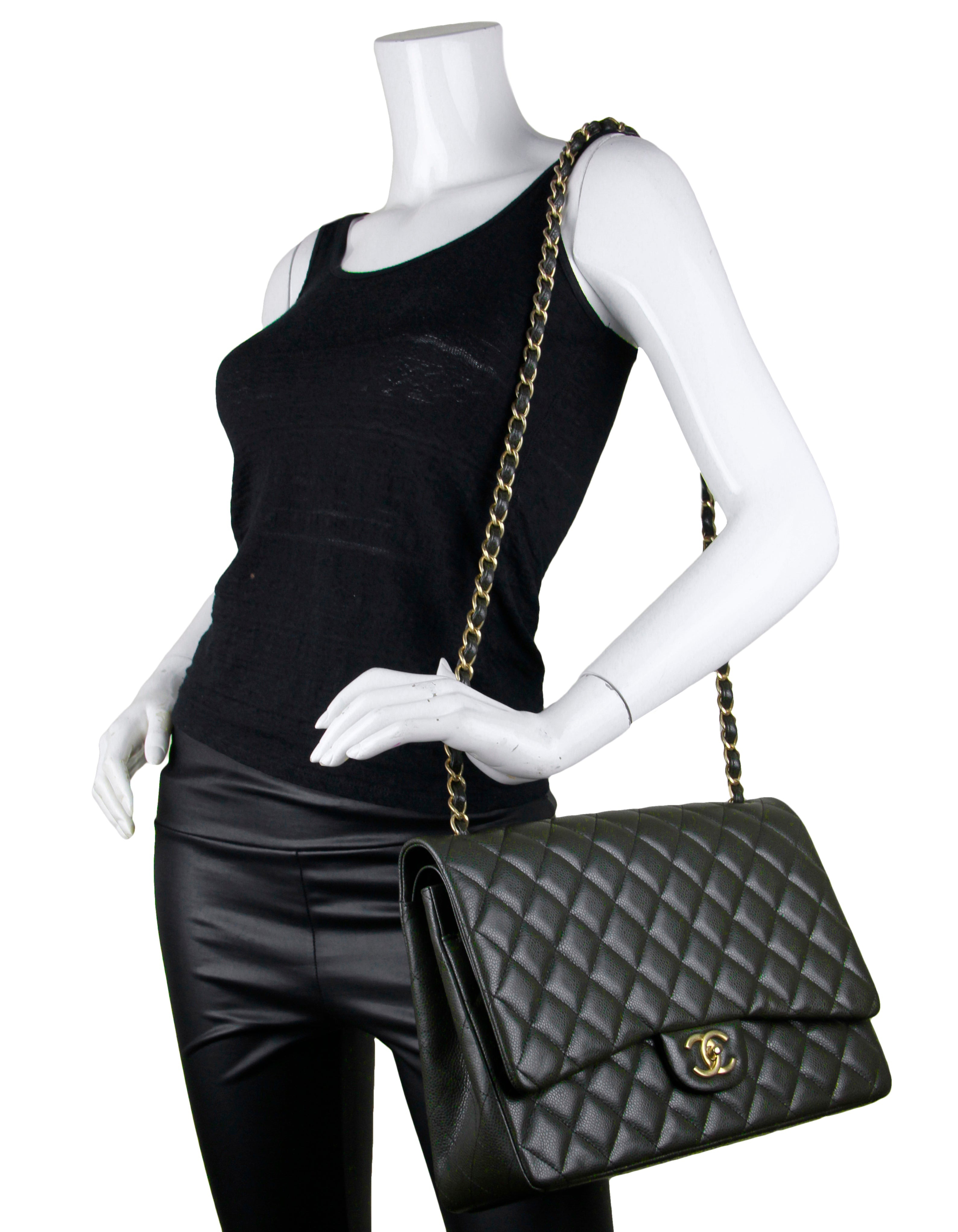 Chanel Dark Green Caviar Leather Double Flap Maxi Bag