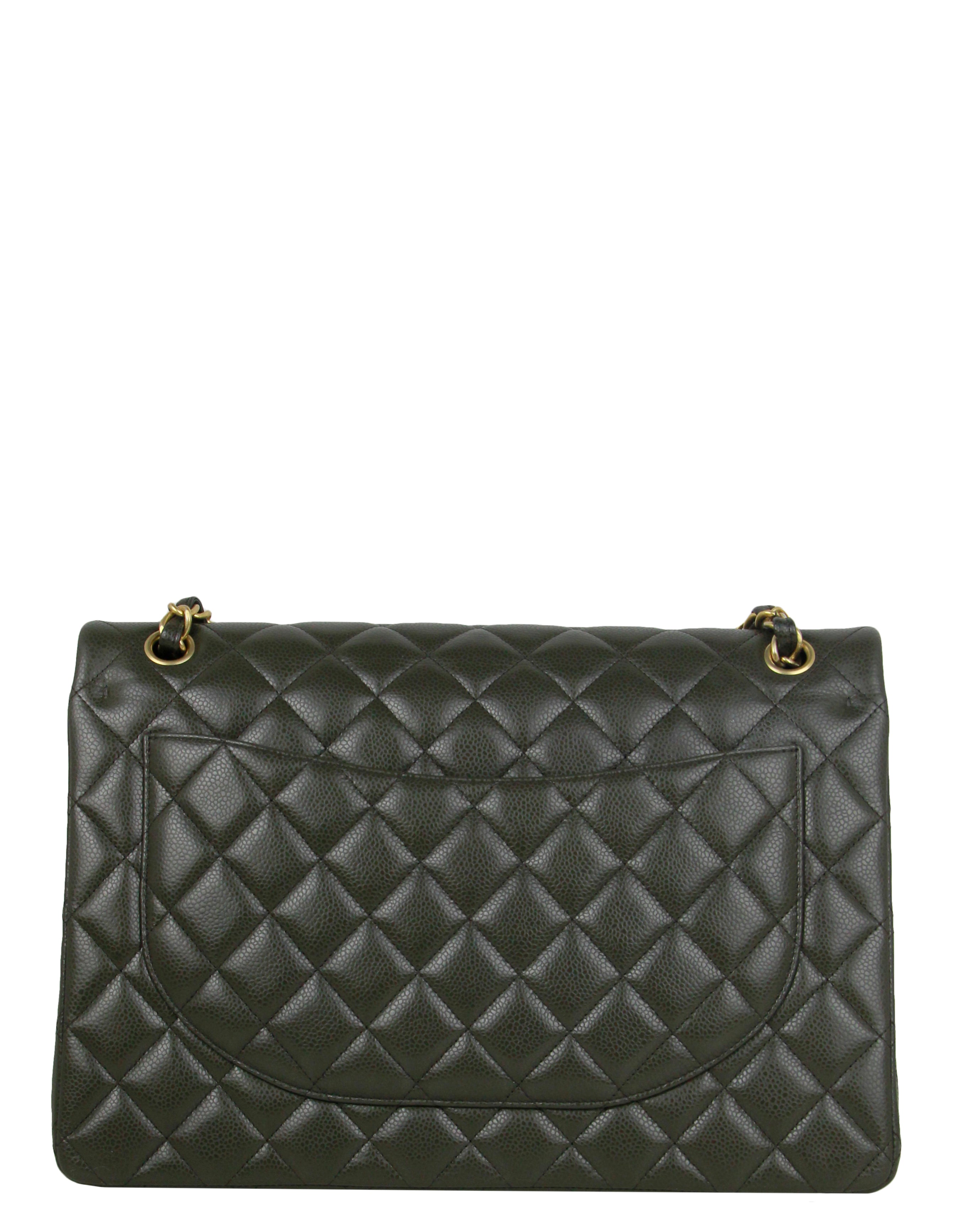 Chanel Dark Green Caviar Leather Double Flap Maxi Bag