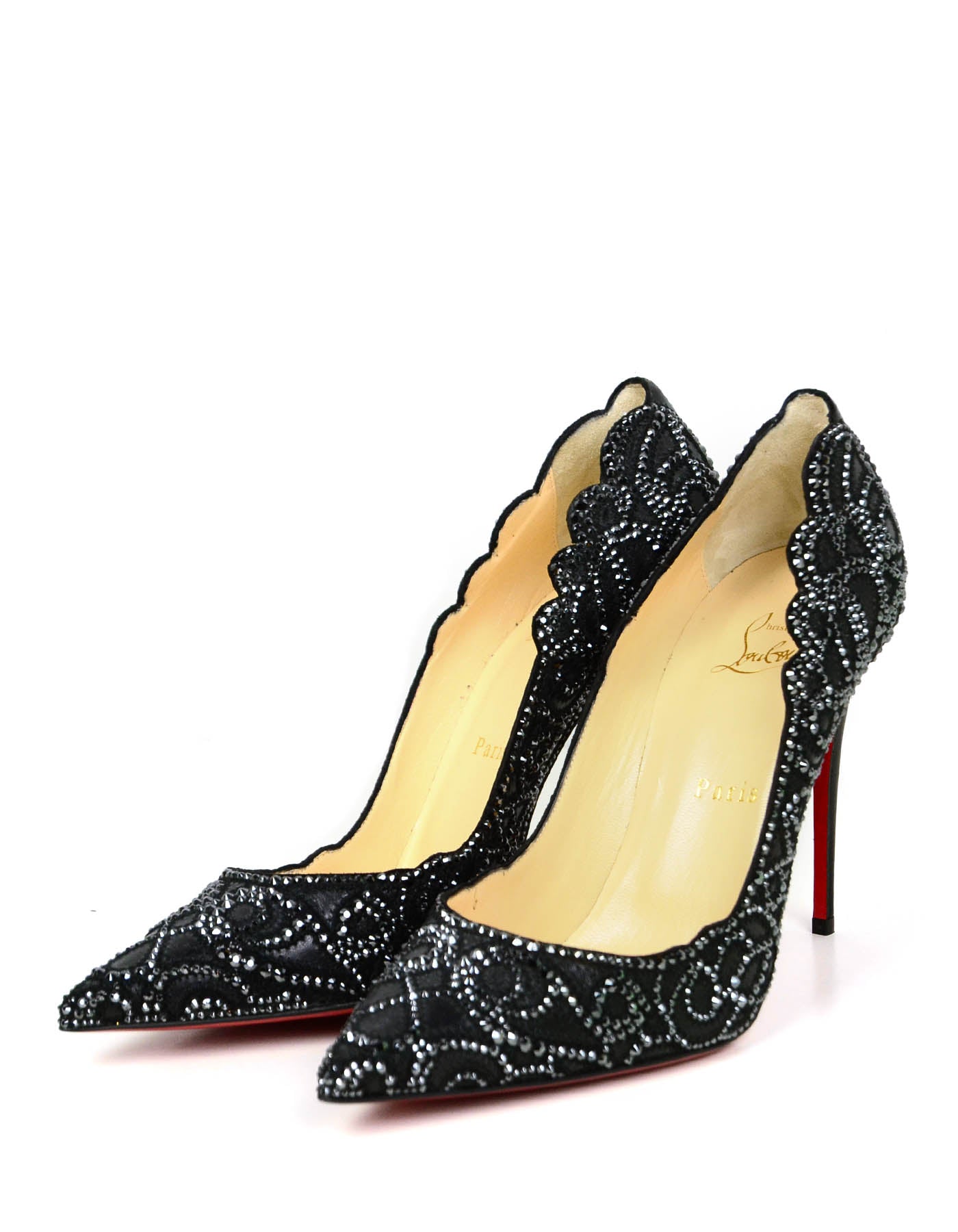 Christian Louboutin NEW Black Calfskin Scalloped Crystal Top Vague Pumps sz 39.5