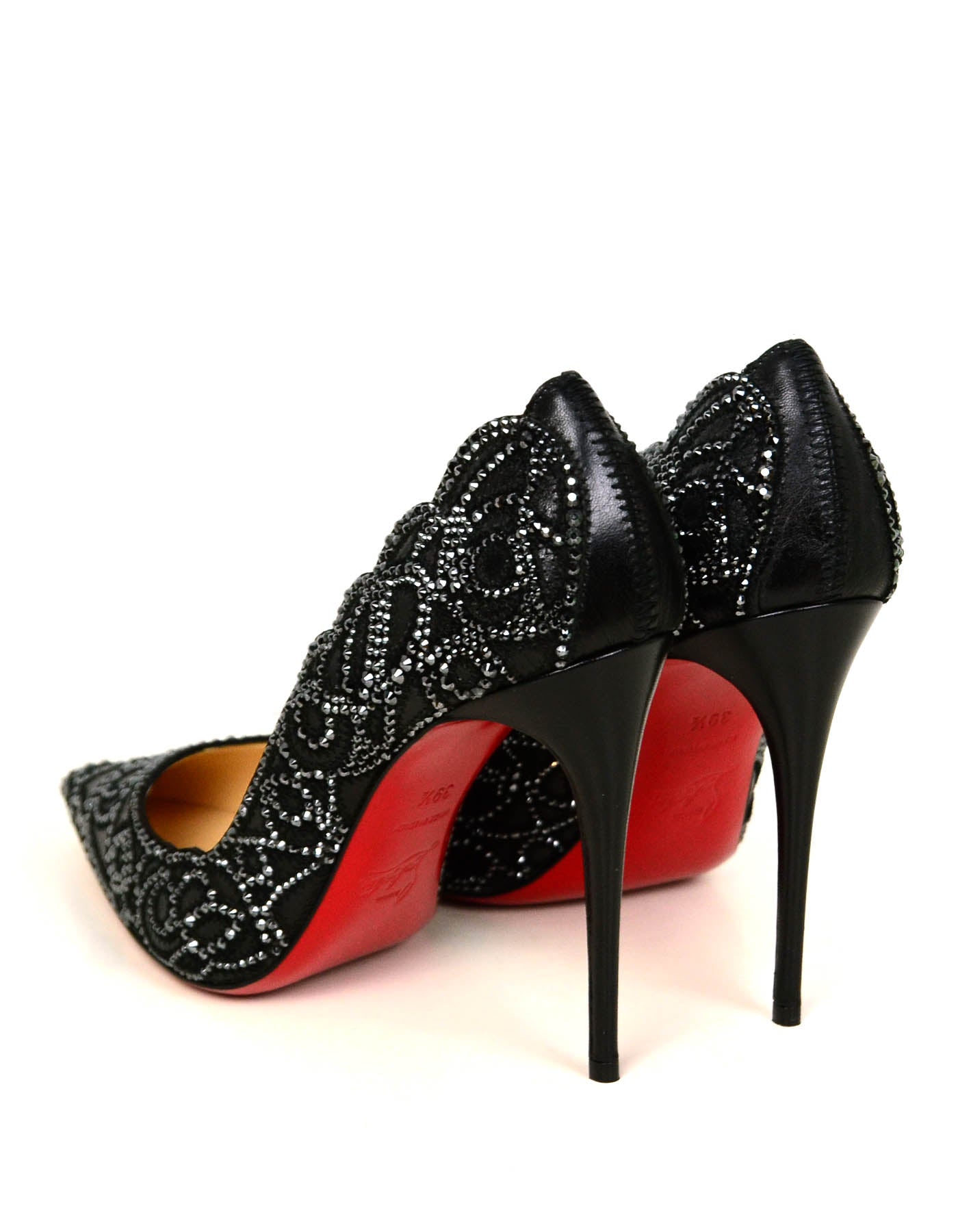 Christian Louboutin NEW Black Calfskin Scalloped Crystal Top Vague Pumps sz 39.5