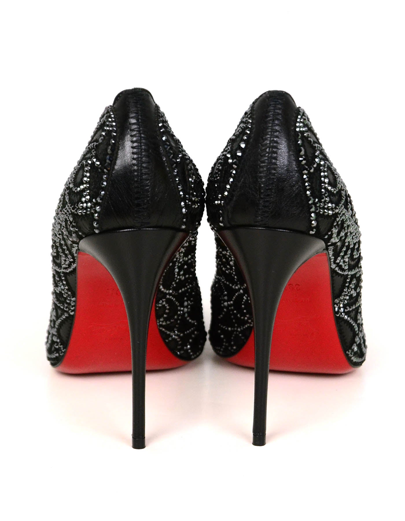 Christian Louboutin NEW Black Calfskin Scalloped Crystal Top Vague Pumps sz 39.5