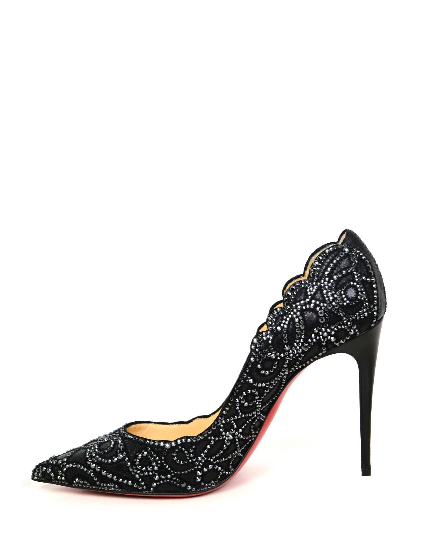 Christian Louboutin NEW Black Calfskin Scalloped Crystal Top Vague Pumps sz 39.5