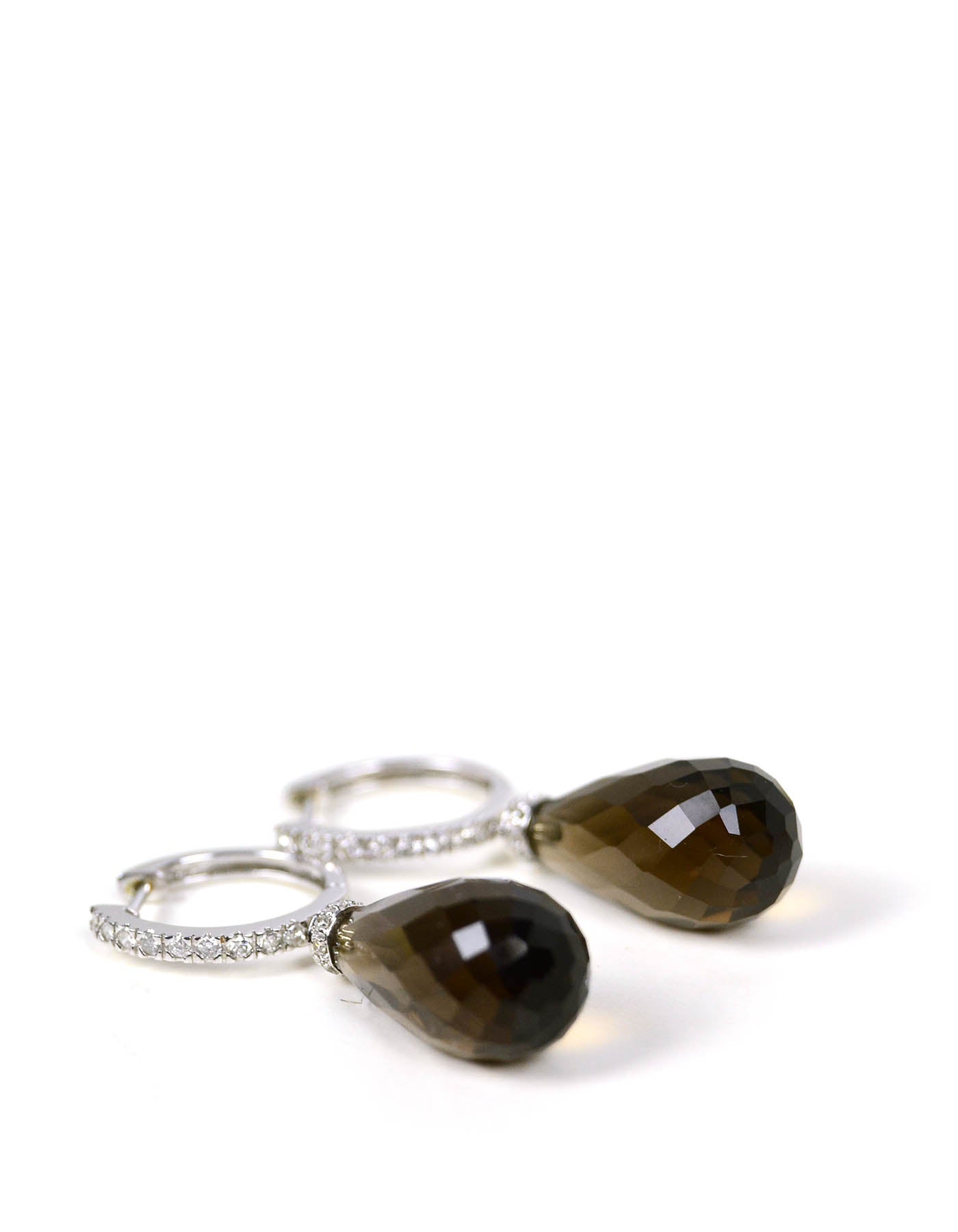 14k White Gold & Diamond 15mm Huggies w/ Smoky Quartz