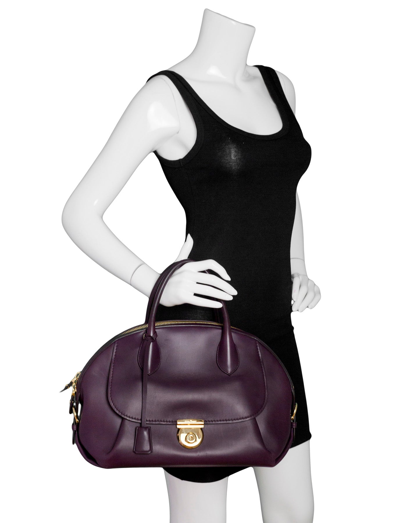 Salvatore Ferragamo Plum Leather Medium Fiamma Bowler Bag