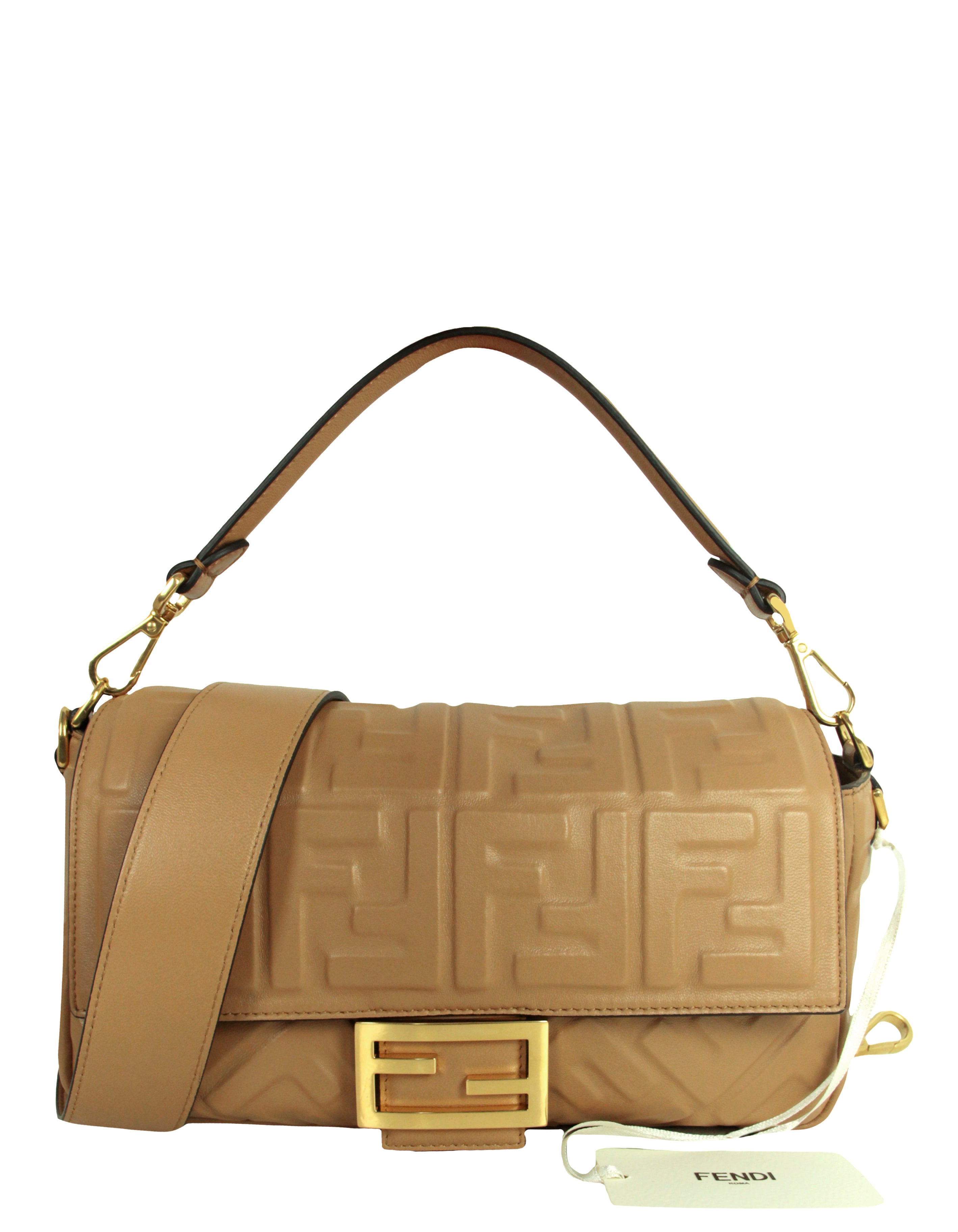 Fendi NWT Beige Embossed Logo FF 1974 Large Baguette NM Bag w/ Two Straps