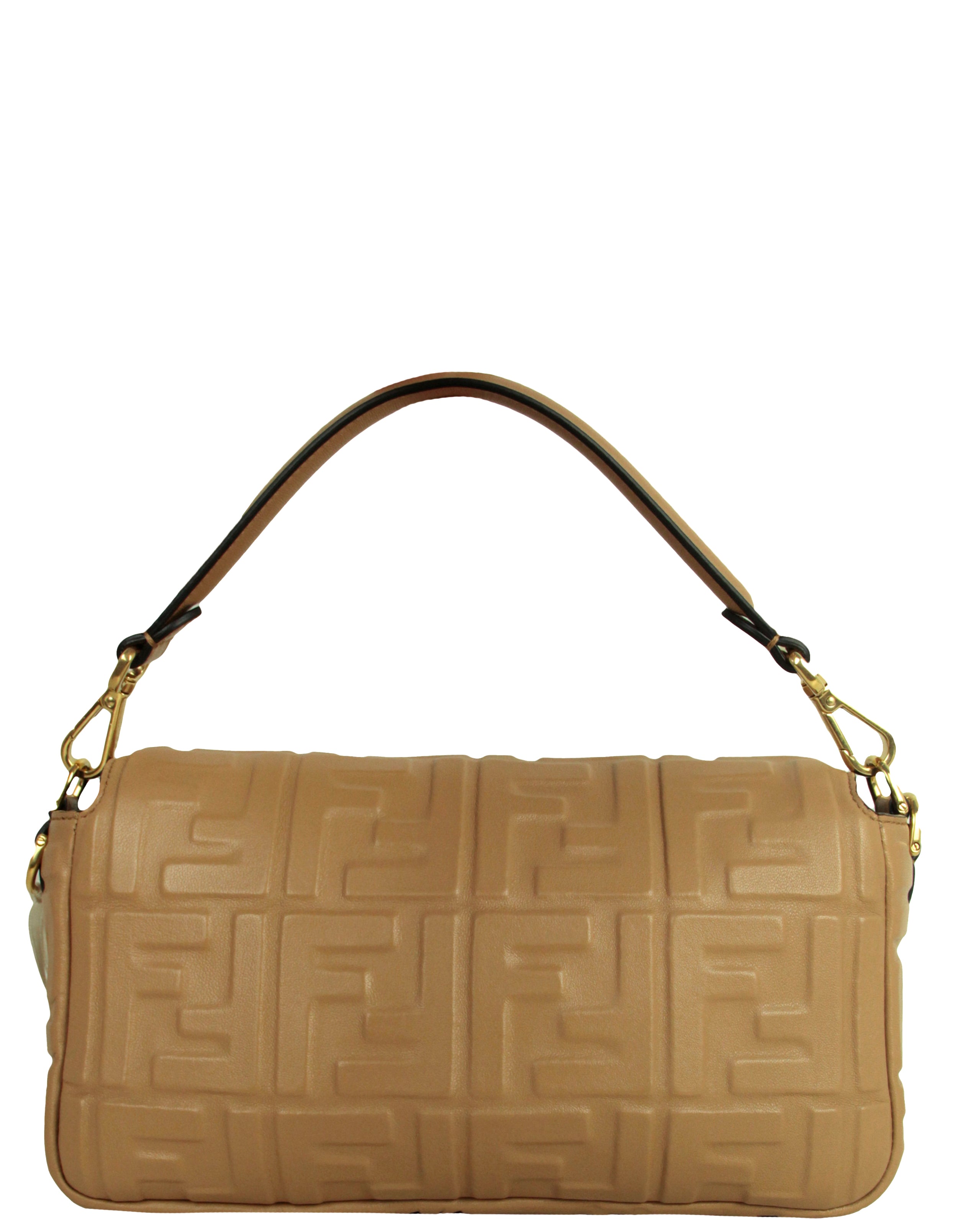 Fendi NWT Beige Embossed Logo FF 1974 Large Baguette NM Bag w/ Two Straps