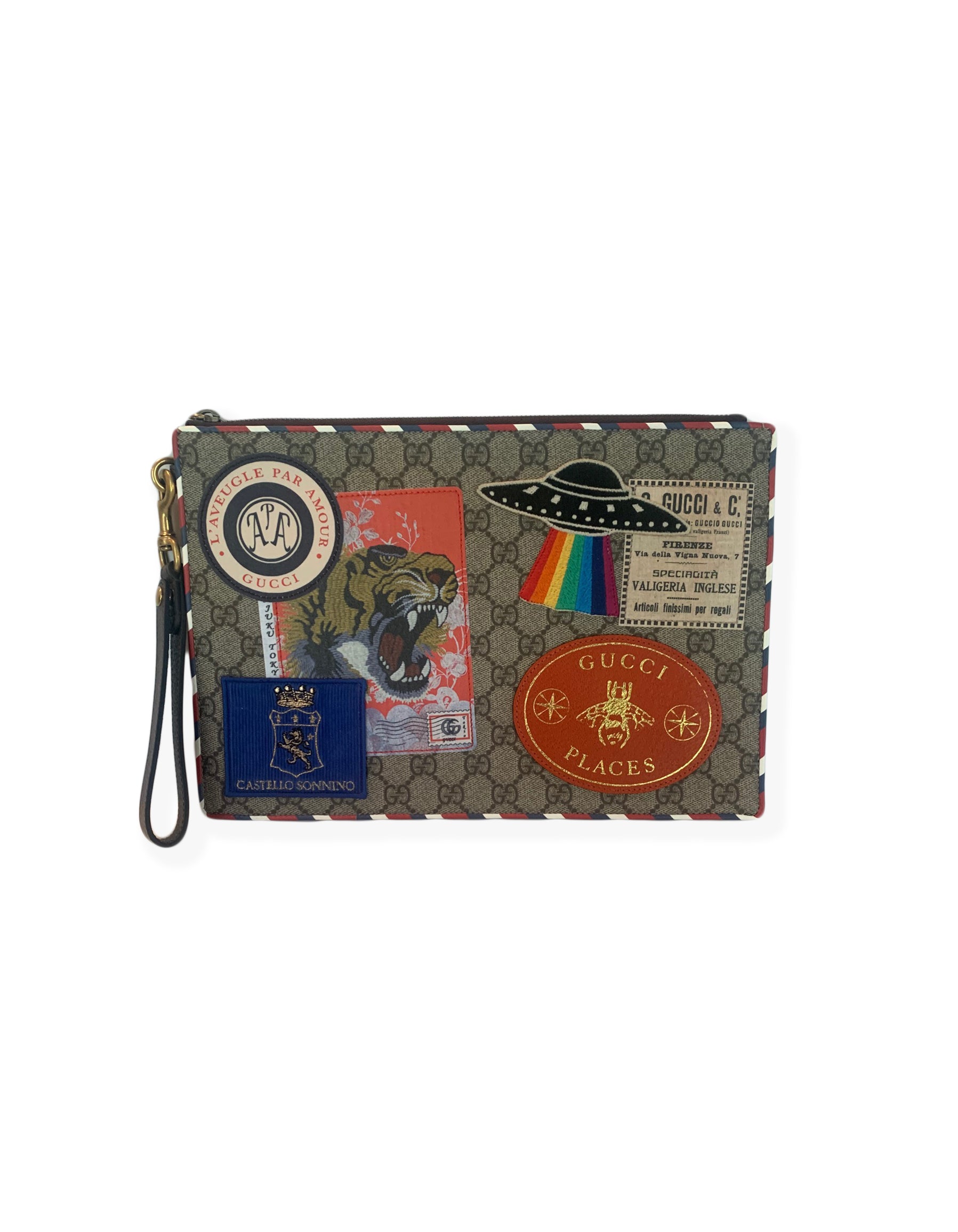 Gucci GG Supreme Monogram Places Courrier Embroidered Zip Pouch