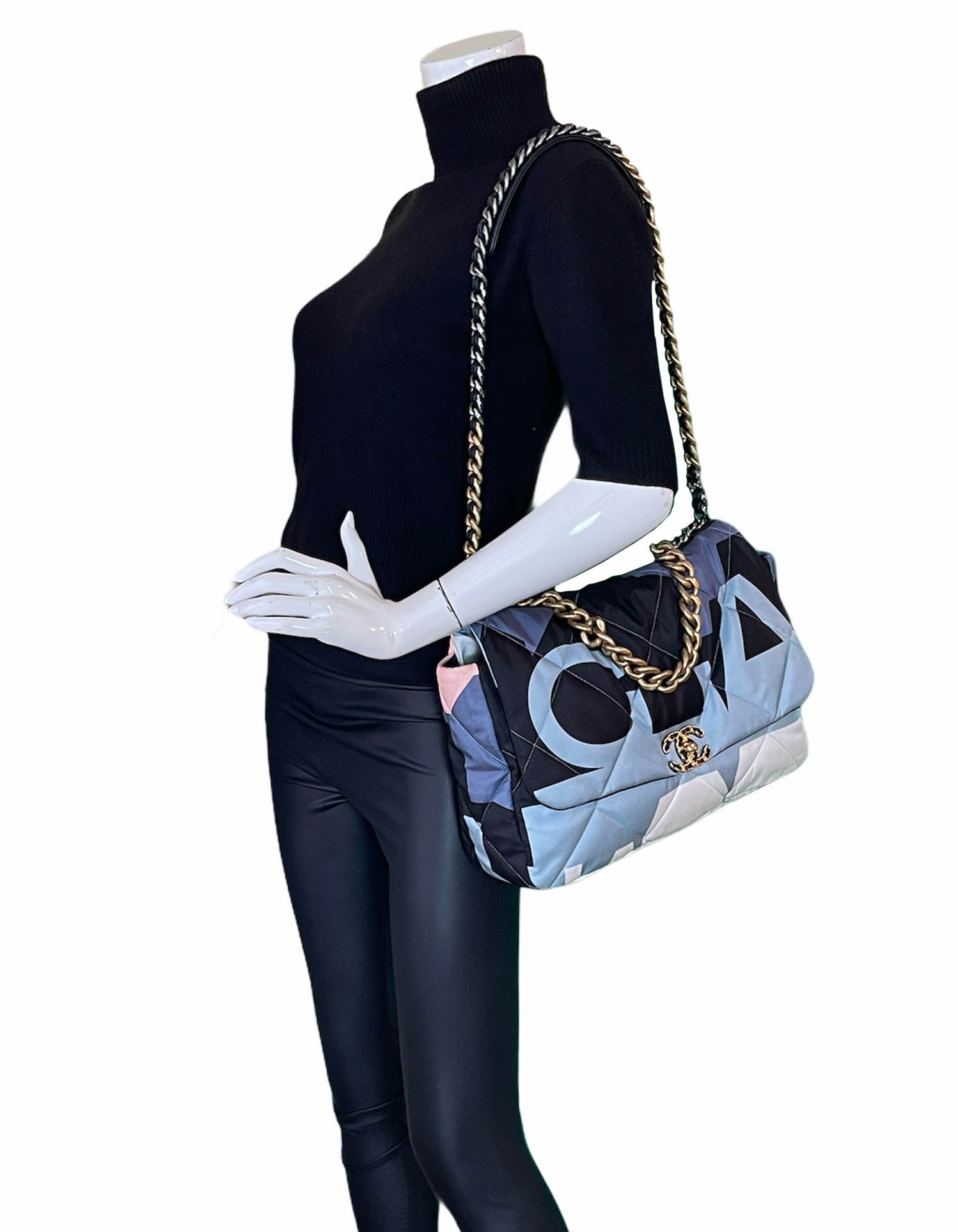 Chanel Blue/White/Black Maxi Scarf Chanel 19 Flap Bag