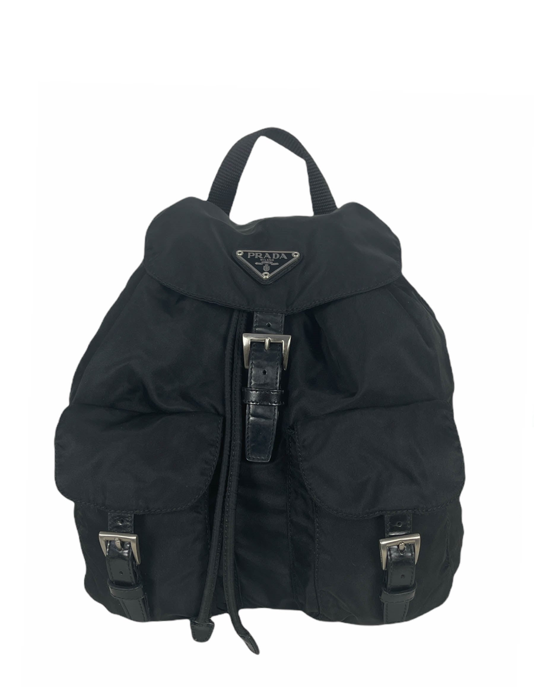 Prada Black Nylon Small Backpack Bag w/ Front Buckle Pockets