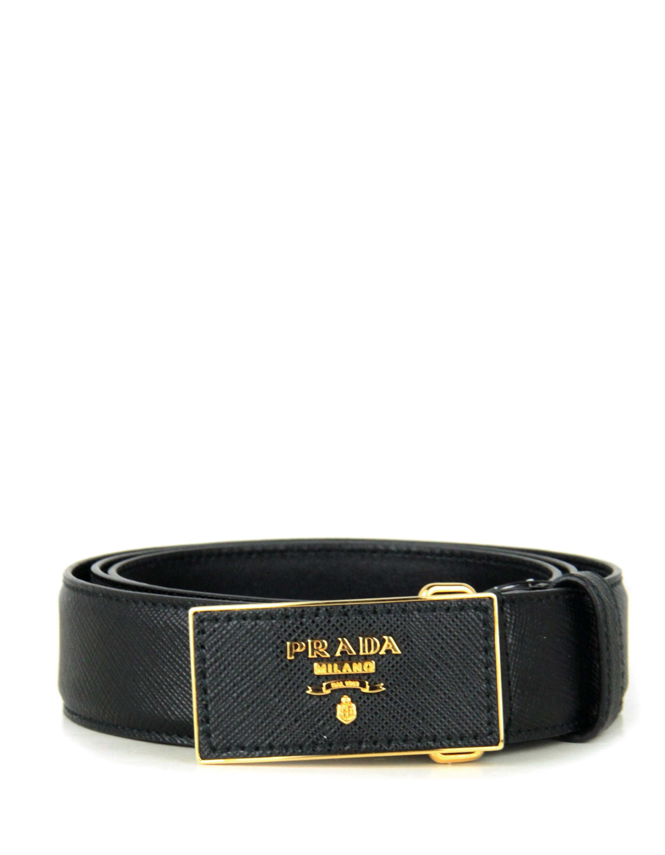 Prada Black/ Gold Saffiano Leather Belt sz 85/ 34