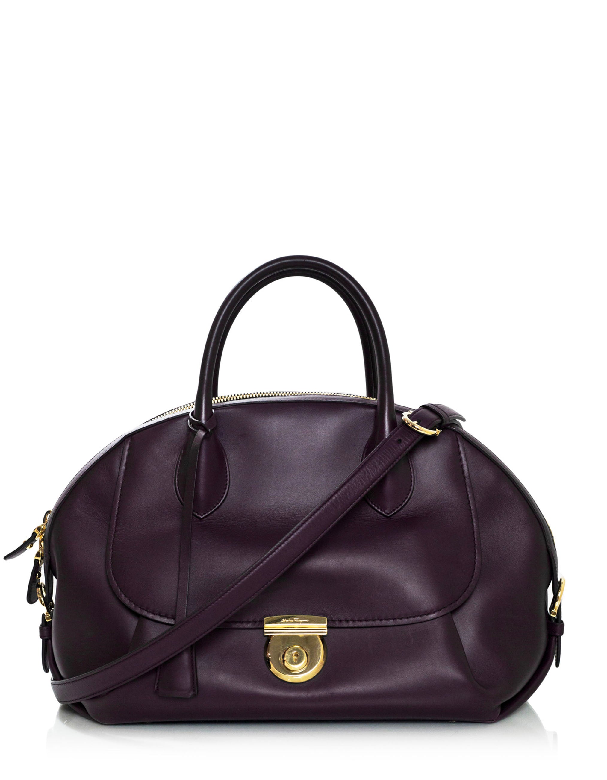 Salvatore Ferragamo Plum Leather Medium Fiamma Bowler Bag