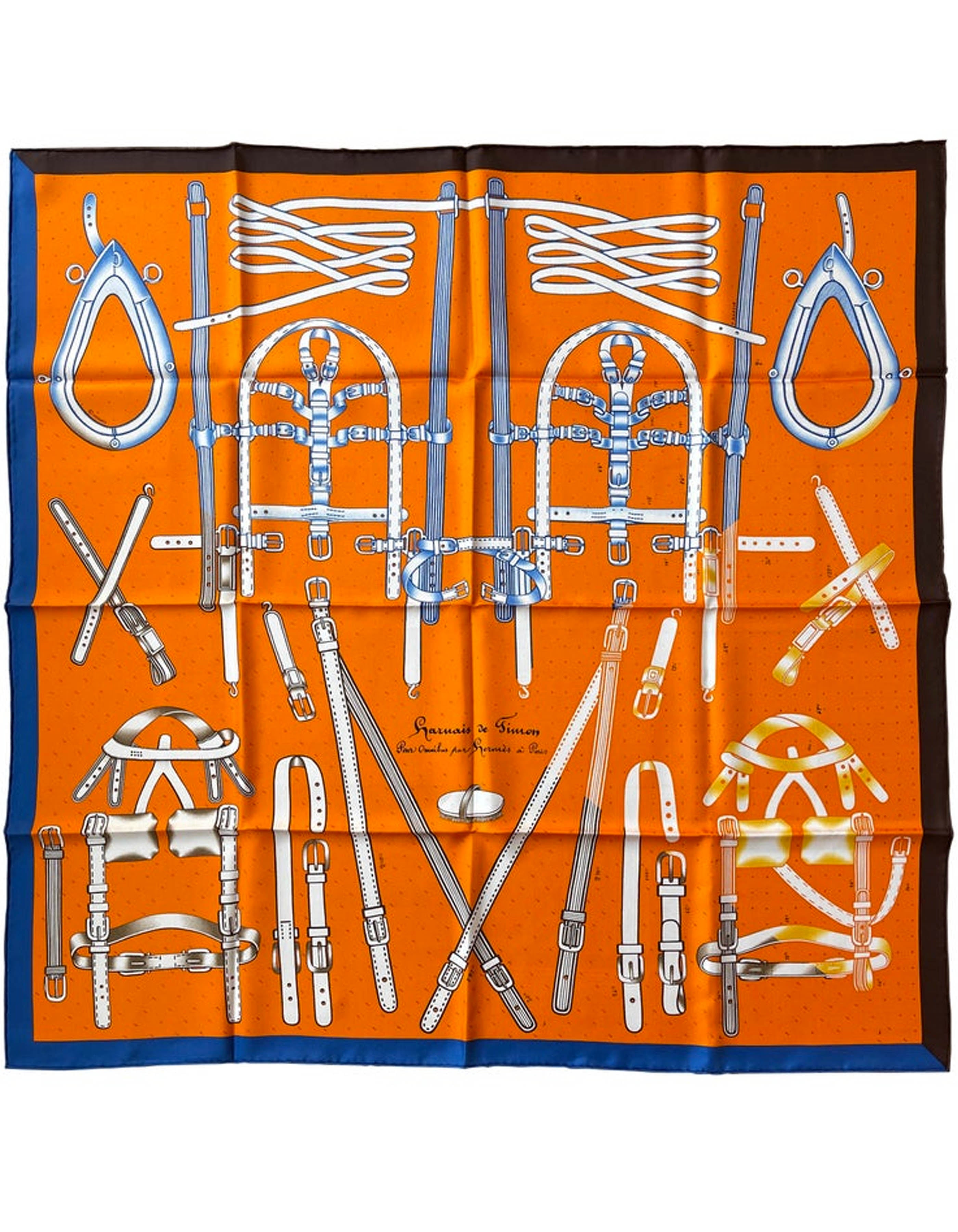 Hermes Orange/Bleu/Bordea Harnais de Timon 90cm Silk Scarf