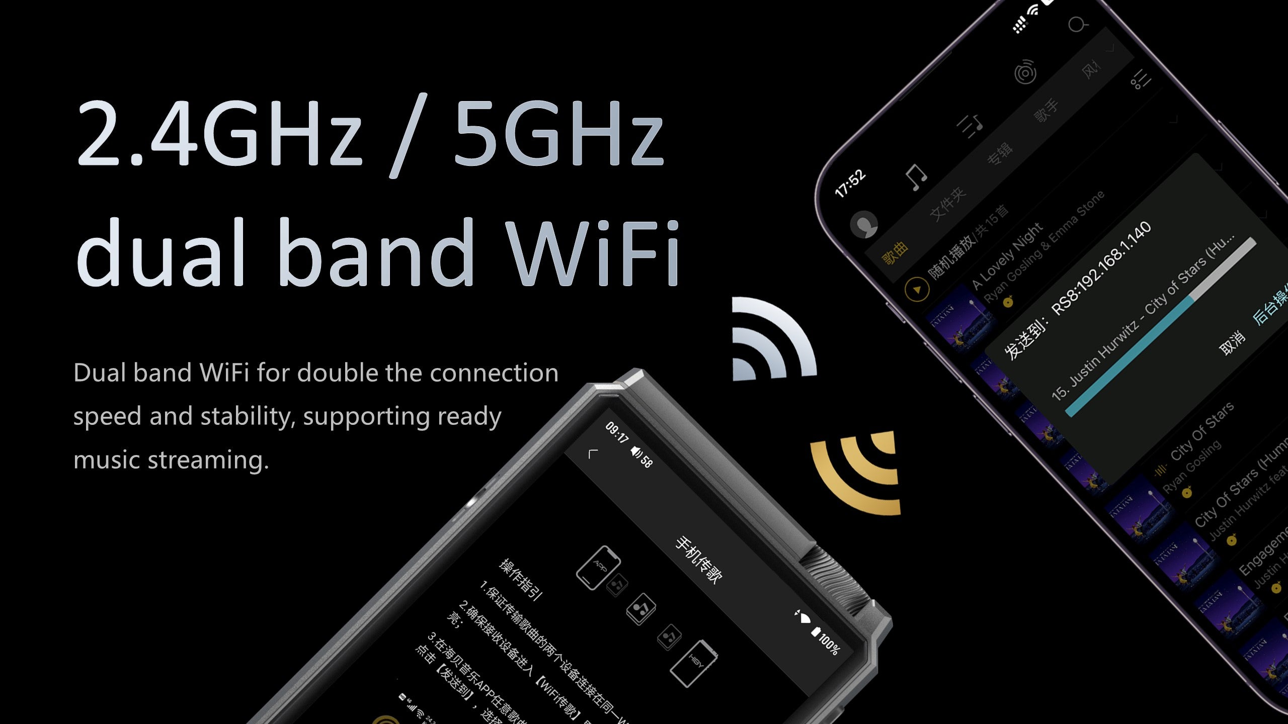 Supports 2.4GHz / 5GHz dual band WiFi, DLNA/AirPlay/WiFi music transfer