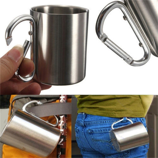 Cup Carabiner Hook Handle Portable Stainless Steel  Double Wall 220ml