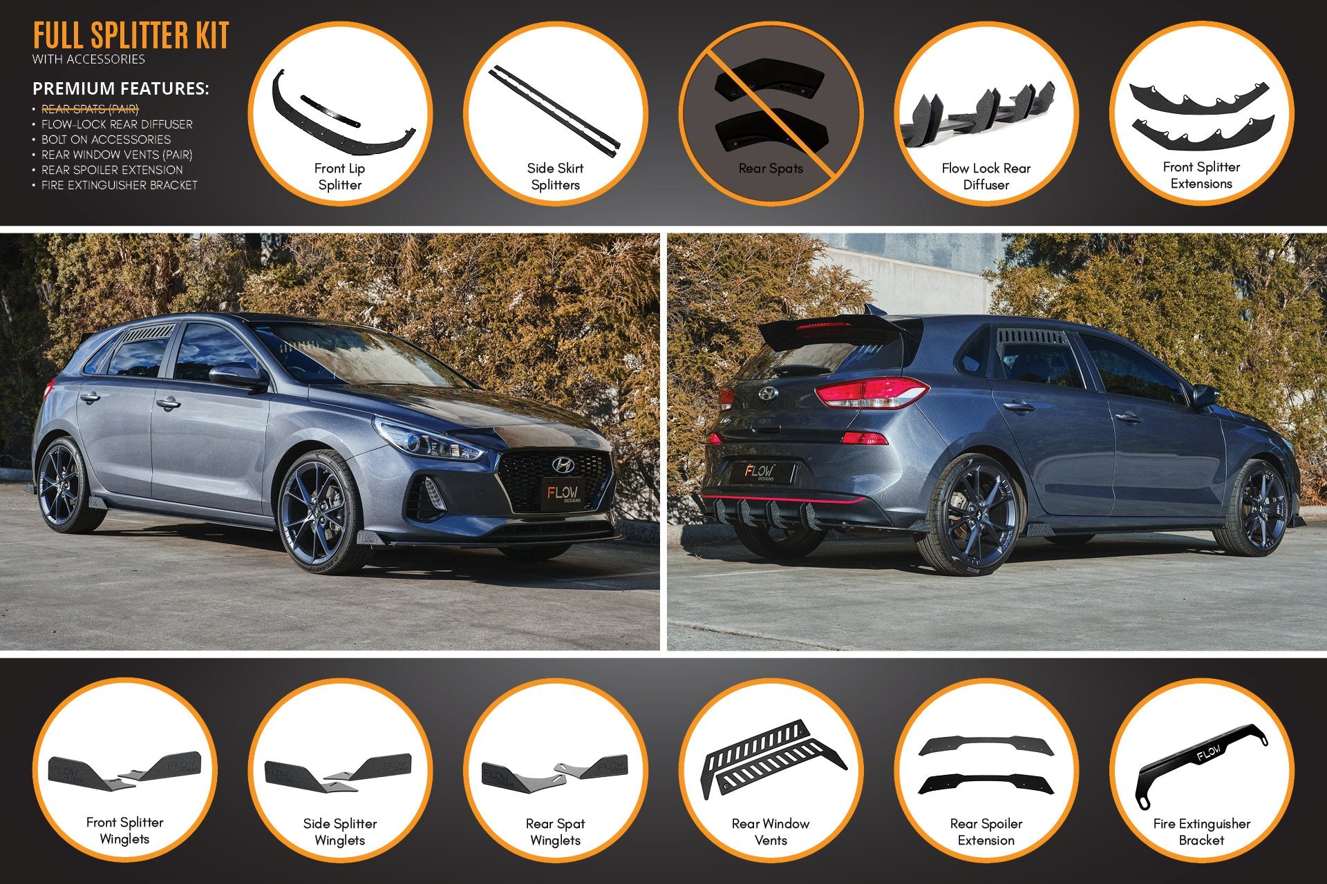 i30 Hatch PD1, PD2 2018-2020 Full Lip Splitter Set with Flow-Lock Rear Diffuser