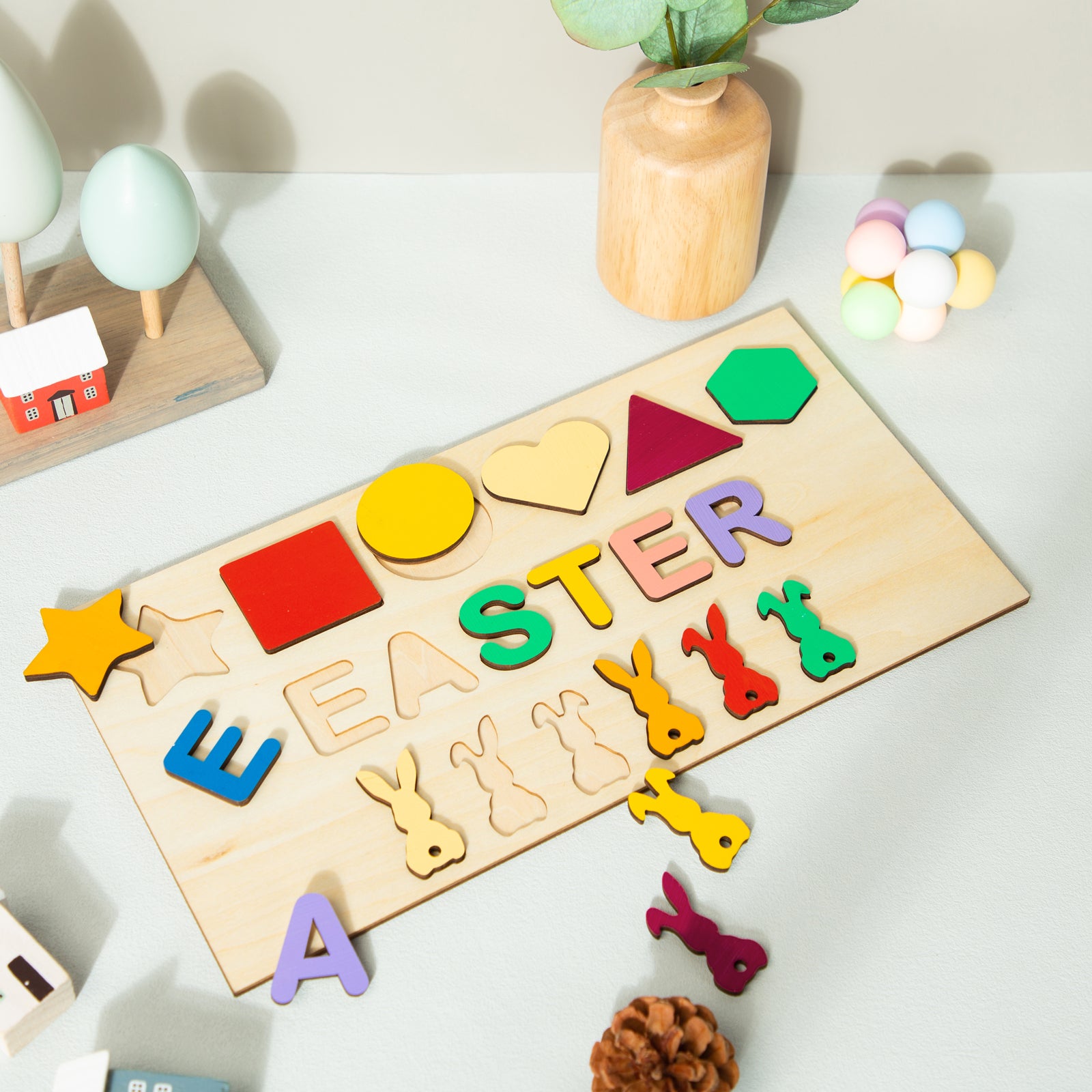 Custom Wooden Name Puzzle with Shapes and Bunnies