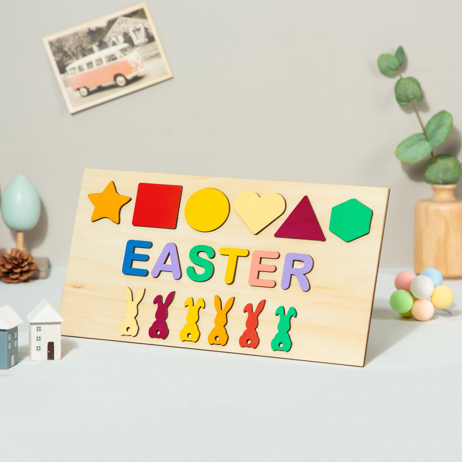 Custom Wooden Name Puzzle with Shapes and Bunnies