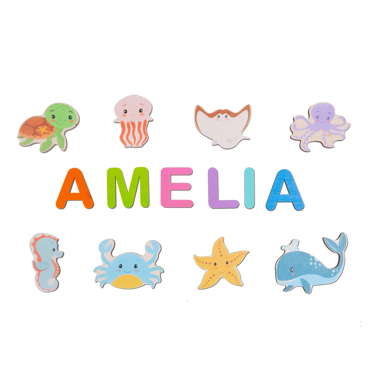 Custom Name Wood Puzzle With 8 Baby Sea Creatures