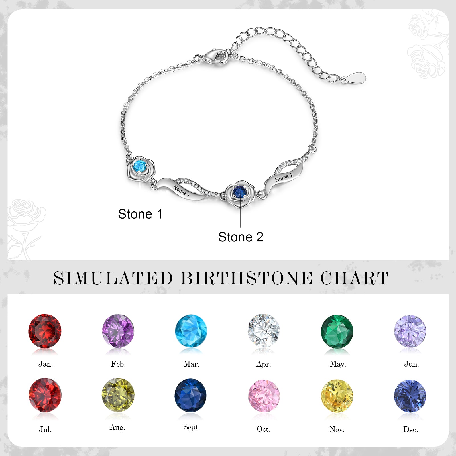 Rose Flower Bracelet with Birthstone and Name