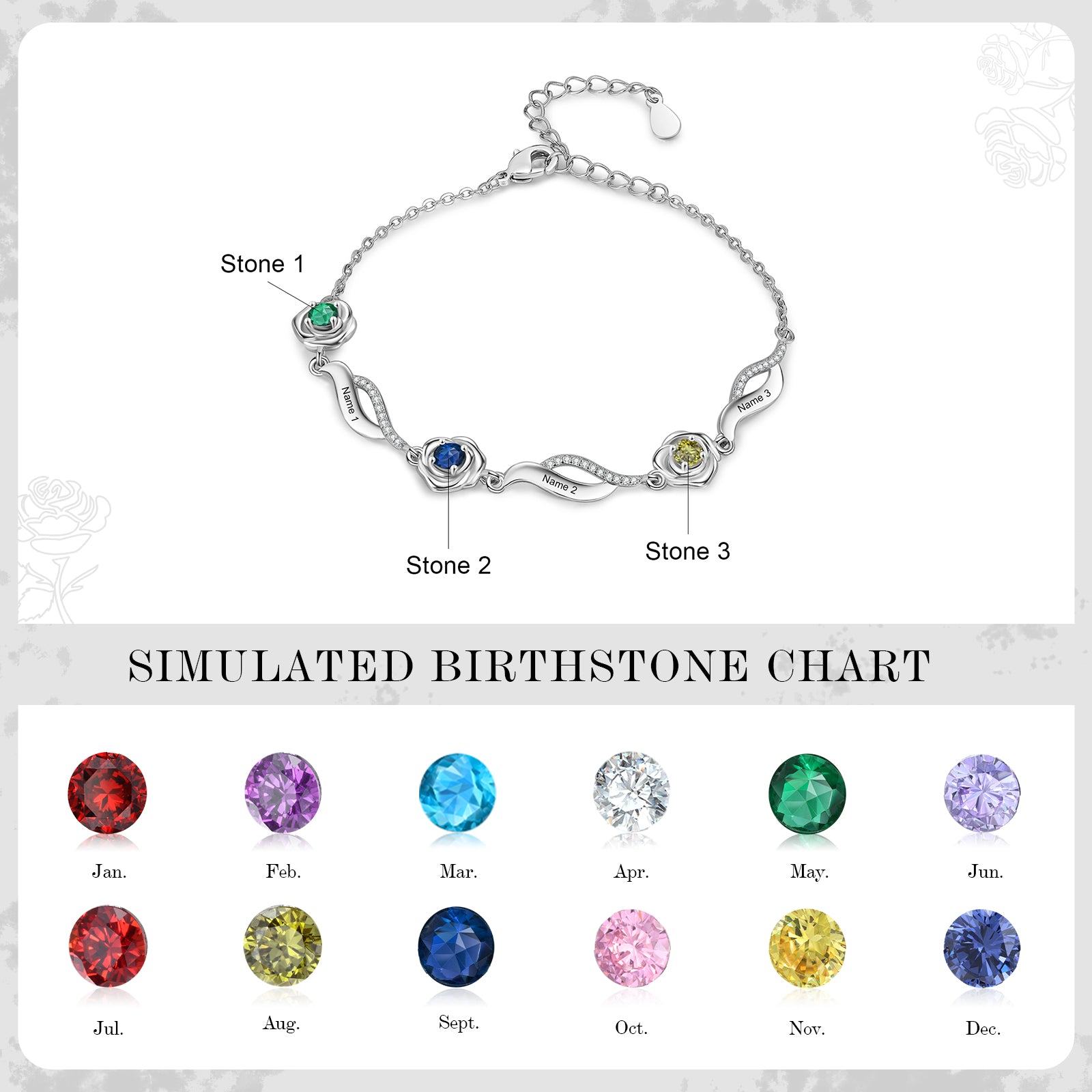 Rose Flower Bracelet with Birthstone and Name