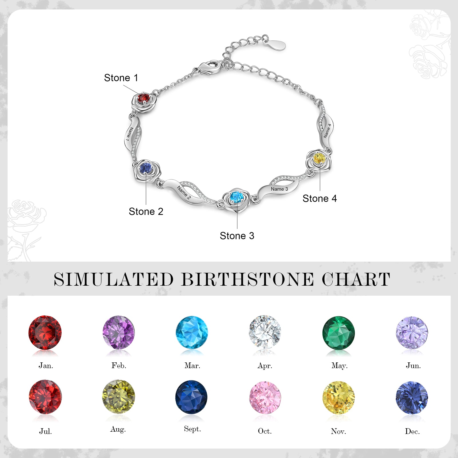 Rose Flower Bracelet with Birthstone and Name