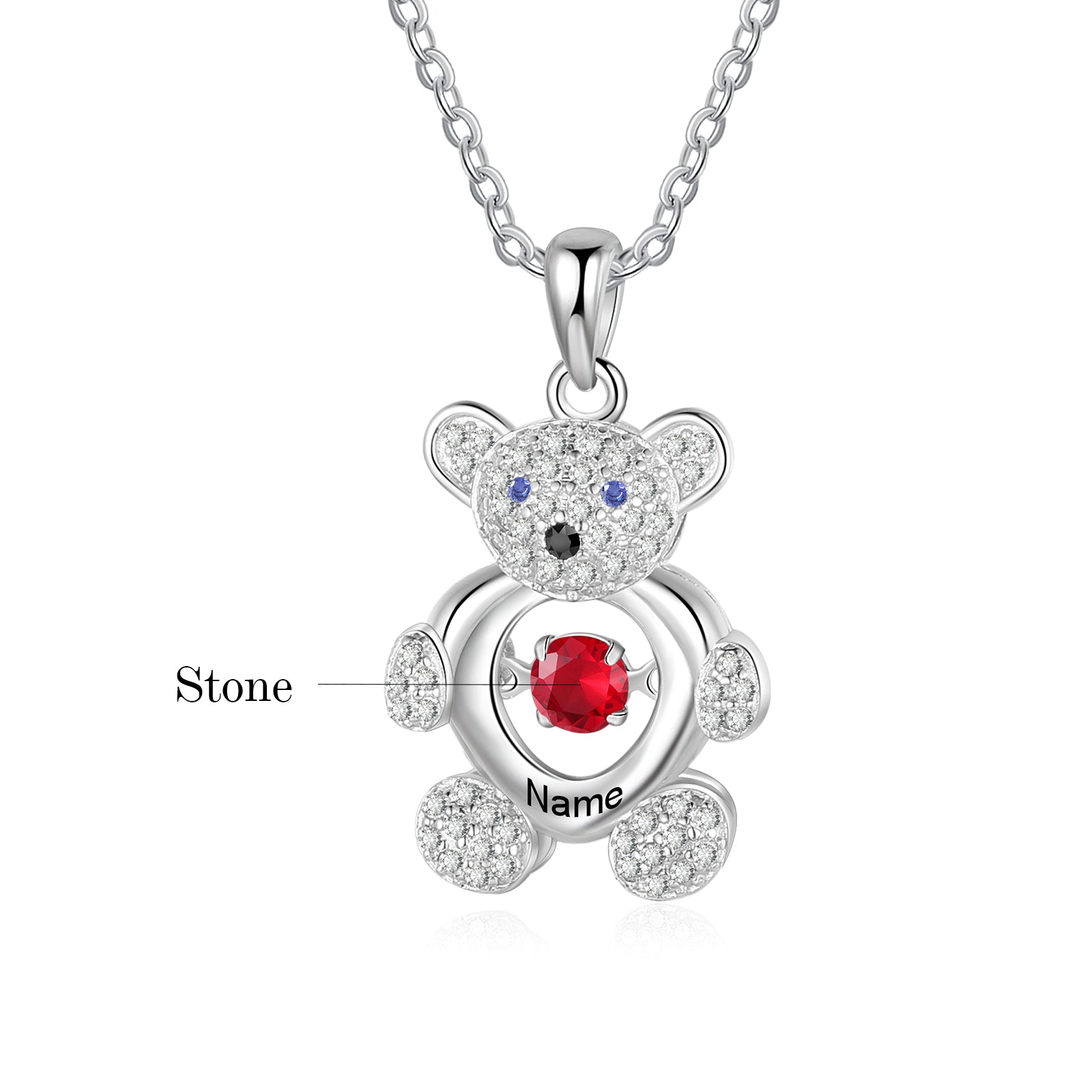 Custom Bear Necklace With Simulated Birthstone and Engraved Name