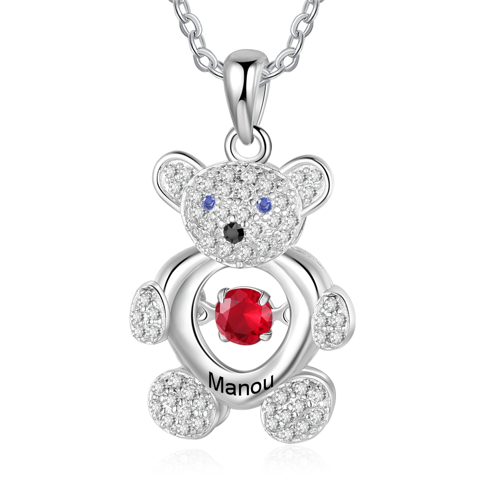 Custom Bear Necklace With Simulated Birthstone and Engraved Name