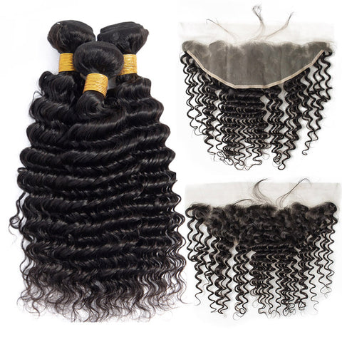 Deep Wave Bundles With Frontal Transparent Lace  Brazilian Human Hair Bundle With Frontals