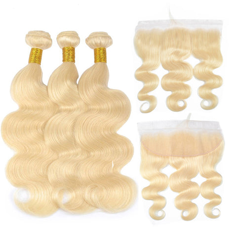613 Blonde Bundles With Frontal Brazilian Body Wave With Frontal Remy Human Hair Lace Closure With Bundle