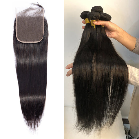 Straight Bundles With 5x5 Closure swiss Lace Brazilian Hair Weave Bundle With Closure Remy