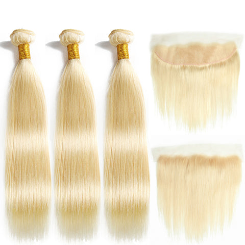 613 Blonde Straight Brazilian Hair Weave Human Hair Bundles with Closure 3PC Remy Hair and 1PC Lace Frontal Closure