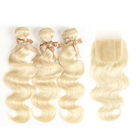 Human Hair Bundles with 4x4 Closure Brazilian Hair Weave Lace Closure with 2 3 4 Bundle Remy 613 Blonde Body Wave Bundle