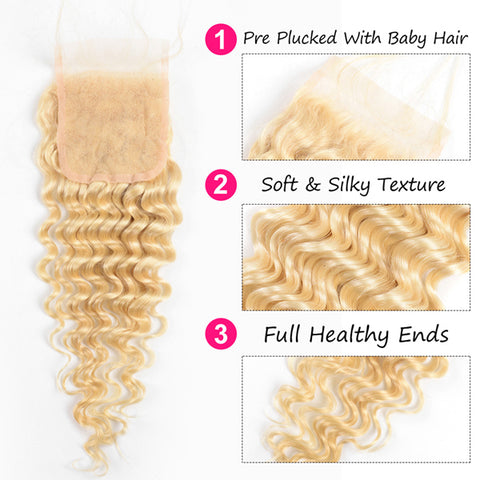 Deep Wave Blonde 613 Bundles With Closure Brazilian Human Hair Weave Bundles With Closure 4x4 5x5 6x6 Free Part Remy Hair Transparent Lace