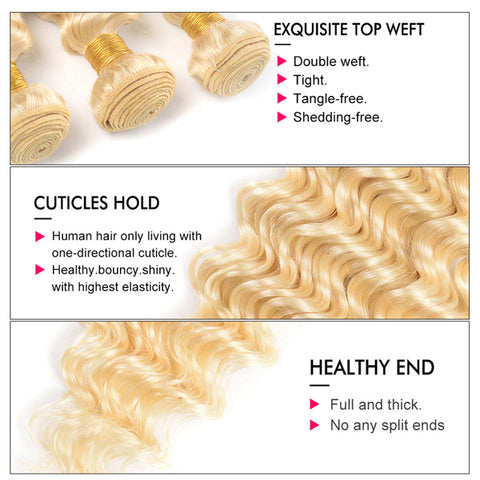 Deep Wave Blonde 613 Bundles With Closure Brazilian Human Hair Weave Bundles With Closure 4x4 5x5 6x6 Free Part Remy Hair Transparent Lace