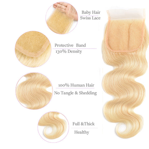 Human Hair Bundles with 4x4 Closure Brazilian Hair Weave Lace Closure with 2 3 4 Bundle Remy 613 Blonde Body Wave Bundle
