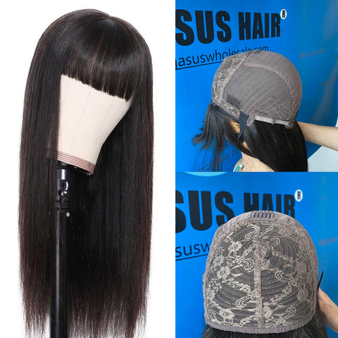 Straight Human Hair Wigs With Bangs Brazilian Wig Full Machine Made Wigs High Quality 130% 150% 180% Density Remy Human Hair Wig