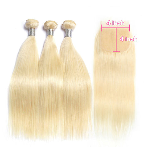 Straight Hair 613 Bundles With 4x4 Closure Peruvian Hair Weave Human Hair Blonde Bundles With Closures