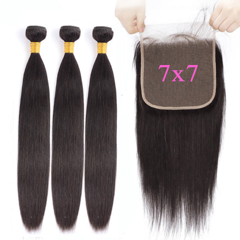 Straight Hair Bundles With 7x7 Closure Free Part Pre Plucked Brazilian Hair Weave Bundles Remy Hair Extension Pegasus Hair