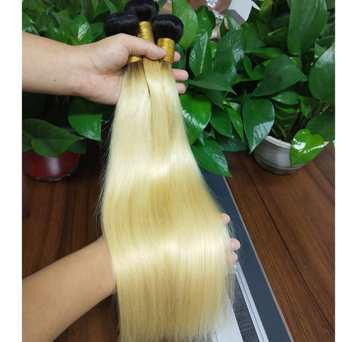 1B 613 Bundles With Frontal Brazilian Straight Remy Human Hair Dark Roots Honey Blonde Bundles With Frontal Closure