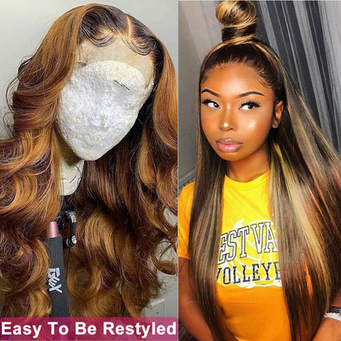 Straight Highlight Wig 4x4 Closure Wig Piano Color 13x4 Lace Front Human Hair Wigs 4/27 Ombre Remy 150% 180% density