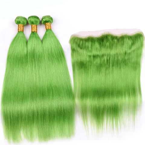 Green Hair 3 Bundles With Lace Frontal Closure 100% Remy Human Hair Brazilian Hair Straight