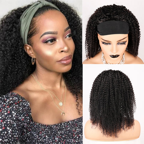 Kinky Curly Headband Wig Human Hair Glueless Scarf Wig Brazilian 130% 150% 180% Density
